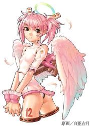 Rule 34 | 1girl, android, angel, angel wings, ass, brown eyes, detached sleeves, doll joints, feathers, flat ass, flat chest, from behind, hair ornament, hakua ugetsu, halo, joints, leotard, looking back, lowres, nail polish, own hands clasped, own hands together, pink hair, pink nails, psikyo, short hair, short twintails, simple background, smile, solo, tattoo, turtleneck, twintails, wings, wrist cuffs