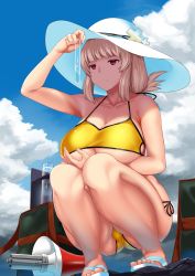 Rule 34 | 1girl, absurdres, bag, bikini, blue sky, blush, breast hold, breasts, cleavage, closed mouth, cloud, cloudy sky, collarbone, day, fate/grand order, fate (series), florence nightingale (chaldea lifesavers) (fate), florence nightingale (fate), frown, hair ribbon, half-closed eyes, hat, highres, hitotsuki nebura, holding, jacket, jacket on shoulders, large breasts, legs together, long hair, megaphone, open clothes, outdoors, pink hair, red eyes, revision, ribbon, sandals, short sleeves, shoulder bag, side-tie bikini bottom, sidelocks, sky, solo, squatting, sun hat, sweat, swimsuit, test tube, thighs, tsurime, underboob, yellow bikini