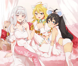Rule 34 | 3girls, ahoge, animal ears, animal hands, antenna hair, arm support, bare shoulders, black hair, blonde hair, blue eyes, blush, bow, bowtie, breasts, cat ears, cat paws, cleavage, cleavage cutout, closed mouth, clothing cutout, crop top, cropped shirt, cushion, detached sleeves, dress, elbow gloves, fake animal ears, finger to mouth, ganaha hibiki, gloves, green bow, green bowtie, green eyes, green trim, grey hair, hair bow, hair ribbon, hairband, hand up, highres, hoshii miki, idolmaster, idolmaster (classic), idolmaster million live!, idolmaster million live! theater days, indoors, katsu (kana), large breasts, long hair, looking at viewer, looking back, medium breasts, mouse ears, multiple girls, navel, neck ribbon, on bed, open mouth, pants, pants under dress, parted lips, pink pants, ponytail, project fairy (idolmaster), puffy short sleeves, puffy sleeves, purple eyes, ribbon, shijou takane, shirt, short sleeves, shorts, side slit, sitting, skirt, sleeveless, sleeveless dress, sleeveless shirt, smile, standing, stuffed animal, stuffed toy, teddy bear, thighhighs, transparent curtains, white dress, white gloves, white hairband, white ribbon, white shirt, white shorts, white skirt, white sleeves, white thighhighs