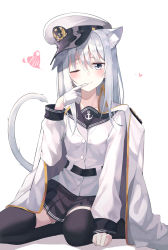 Rule 34 | 1girl, anchor symbol, animal ear fluff, animal ears, belt, black sailor collar, black skirt, black thighhighs, blue eyes, blush, buttons, cat ears, cat tail, closed mouth, collarbone, finger in own mouth, full body, gloves, gold trim, hair between eyes, hat, heart, hibiki (kancolle), highres, jacket, jacket on shoulders, kantai collection, kanzi, kemonomimi mode, long hair, long sleeves, looking at viewer, military, military hat, military jacket, military uniform, naval uniform, one eye closed, open clothes, open jacket, pleated skirt, sailor collar, school uniform, seiza, serafuku, shirt, silver hair, simple background, sitting, skirt, sleeve cuffs, solo, tail, thighhighs, uniform, verniy (kancolle), white background, white gloves, white jacket, white shirt, zettai ryouiki