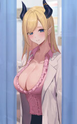 Rule 34 | 1girl, blonde hair, blue eyes, blurry, blurry background, blush, breasts, cleavage, collarbone, demon girl, demon horns, doorway, frilled shirt, frills, haro art, highres, hololive, horns, lab coat, large breasts, long hair, looking at viewer, parted lips, pink shirt, pointy ears, shirt, solo, straight hair, virtual youtuber, yuzuki choco, yuzuki choco (1st costume)