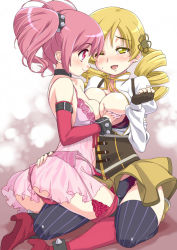 Rule 34 | 10s, 2girls, ass, babydoll, bad id, bad pixiv id, bare shoulders, belt, blonde hair, blush, breasts, breasts out, choker, corset, drill hair, fingerless gloves, garter belt, garter straps, gloves, grabbing, grabbing another&#039;s breast, hug, kaname madoka, lingerie, magical girl, mahou shoujo madoka magica, mahou shoujo madoka magica (anime), mouth hold, multiple girls, one eye closed, panties, pink eyes, pink hair, ribbon, ribbon in mouth, senzoc, short hair, sitting, sitting on lap, sitting on person, tears, thighhighs, tomoe mami, twin drills, twintails, underwear, underwear only, wariza, wink, wristband, yellow eyes, yuri