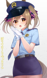 1girl absurdres alternate_costume animal_ears breasts brown_eyes brown_hair commentary_request gloves hat highres horse_ears horse_girl horse_tail medium_breasts medium_hair open_mouth pantyhose pizza_(pizzania_company) police police_hat police_uniform policewoman simple_background smart_falcon_(umamusume) tail thighs umamusume white_background white_gloves