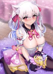 Rule 34 | 1girl, animal ears, bare shoulders, between legs, blush, breasts, cat ears, cleavage, clothing cutout, fate/grand order, fate (series), full body, hair ribbon, heart, heart cutout, heart in eye, highres, kaleidostick, kama (fate), large breasts, long hair, looking at viewer, magical girl, necktie, nepodayo, pink necktie, red eyes, ribbon, sitting, solo, soul gem, symbol in eye, wariza