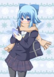 Rule 34 | 1girl, alternate costume, bag, black pantyhose, blue eyes, blue hair, blush, bow, circled 9, cirno, hair bow, ice, ice wings, jacket, looking at viewer, masiromu, matching hair/eyes, notepad, pantyhose, scarf, scarf over mouth, school uniform, shirt, shoulder bag, skirt, solo, touhou, wings, winter clothes
