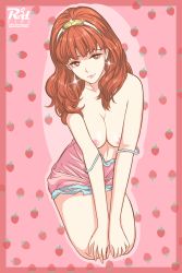 Rule 34 | 1girl, breasts, celica (fire emblem), cleavage, earrings, female focus, fire emblem, fire emblem echoes, fire emblem gaiden, full body, holding, holding clothes, jewelry, long hair, matching hair/eyes, nintendo, nipples, pink hair, short shorts, shorts, sideboob, simple background, smile, tiara
