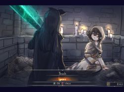 Rule 34 | 2girls, :d, ashen one (dark souls 3), black hair, blind, blind girl (popopoka), blonde girl (popopoka), bow, candle, closed eyes, commentary, cosplay, crossed bangs, dark souls (series), dark souls iii, dress, english commentary, freckles, from behind, hair between eyes, hair bow, highres, holding, holding sword, holding weapon, irina of carim, irina of carim (cosplay), letterboxed, long hair, moonlight greatsword, multiple girls, open mouth, original, popopoka, sitting, smile, sword, trait connection, weapon, white dress, yokozuwari