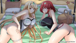 Rule 34 | 2girls, artist name, ass, basket, beach, blonde hair, blush, bottle, breasts, competition swimsuit, gem, hair ornament, headpiece, hellandheaven, jewelry, large breasts, long hair, looking at viewer, lying, multiple girls, mythra (radiant beach) (xenoblade), mythra (xenoblade), nintendo, one-piece swimsuit, patreon username, pyra (pro swimmer) (xenoblade), pyra (xenoblade), red hair, sand, shiny skin, short hair, starfish, strapless, strapless one-piece swimsuit, swept bangs, swimsuit, thigh strap, tiara, towel, umbrella, very long hair, xenoblade, xenoblade chronicles (series), xenoblade chronicles 2