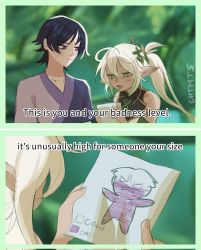 Rule 34 | 1boy, 1girl, chtmts, comic, commentary, cross-shaped pupils, english commentary, english text, genshin impact, green theme, highres, lilo &amp; stitch, nahida (genshin impact), parody, scaramouche (genshin impact), symbol-shaped pupils