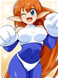 Rule 34 | 1girl, ;d, blue bodysuit, blue eyes, blush, bodysuit, breasts, covered navel, curvy, fang, female focus, galaxy fight, konpeto, large breasts, long hair, looking at viewer, one eye closed, open mouth, orange hair, pointy ears, roomi, smile, solo, spandex, thick thighs, thighs, very long hair, wide hips