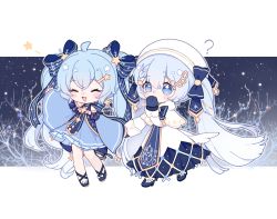 Rule 34 | 2girls, :d, ?, ^ ^, ahoge, arm up, bare tree, beret, blue bow, blue dress, blue eyes, blue footwear, blue gloves, blue hair, blush, bow, braid, capelet, chibi, closed eyes, commentary request, covered mouth, dress, dual persona, fang, frilled dress, frills, gloves, hair between eyes, hair bow, hair ornament, hairclip, hand up, hat, hatsune miku, high heels, holding hands, long hair, long sleeves, multiple girls, nishina hima, open mouth, shoes, sleeves past wrists, smile, snowflake hair ornament, star (symbol), star hair ornament, striped, striped bow, tree, twintails, very long hair, vocaloid, white capelet, white dress, white headwear, wide sleeves, yuki miku, yuki miku (2017), yuki miku (2021)