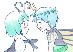 Rule 34 | 2girls, antennae, aqua hair, black cape, blush, butterfly wings, cape, closed eyes, dress, eternity larva, facing another, fairy, green dress, green hair, insect wings, leaf, leaf on head, multicolored clothes, multicolored dress, multiple girls, open mouth, rangycrow, shirt, short hair, simple background, single strap, smile, touhou, upper body, white background, white shirt, wings, wriggle nightbug