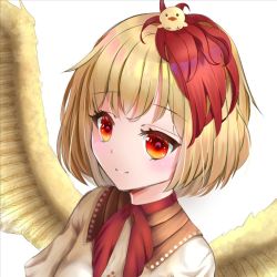 Rule 34 | 1girl, animal, animal on head, bird, bird on head, bird tail, bird wings, blonde hair, chick, closed mouth, commentary request, eyelashes, happy, multicolored hair, neckerchief, niwatari kutaka, on head, puffy short sleeves, puffy sleeves, red eyes, red hair, red neckerchief, seina akitani, shirt, short hair, short sleeves, simple background, smile, tail, touhou, two-tone hair, white background, white shirt, wings