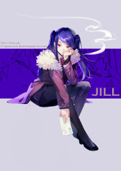 Rule 34 | 1girl, absurdres, black pants, cigarette, coat, dress shirt, highres, jill stingray, letter, looking at viewer, pants, purple hair, red eyes, shirt, solo, twintails, twitter, va-11 hall-a, walluka, white shirt