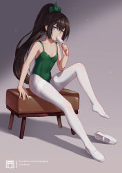 Rule 34 | 1girl, artist name, bare arms, bare shoulders, blue eyes, blush, breasts, brown hair, chinese commentary, cleavage, collarbone, commentary request, covered navel, eating, food, full body, gradient background, green leotard, grey background, highres, holding, holding food, leg up, leotard, long hair, melting, mool yueguang, onmyoji, pantyhose, ponytail, shadow, shoes, unworn shoes, sitting, small breasts, solo, thighband pantyhose, uwabaki, very long hair, watermark, web address, white footwear, ying grass
