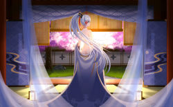 Rule 34 | 1girl, absurdres, ass, ayaka (genshin impact), blue eyes, blunt bangs, butt crack, cherry blossoms, curtains, day, floating hair, from behind, genshin impact, hair ribbon, highres, long hair, lwisr, nude, ponytail, profile, red ribbon, ribbon, silver hair, solo, standing, very long hair