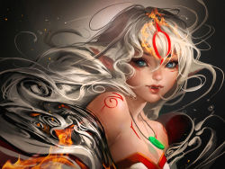 Rule 34 | 1girl, amaterasu (ookami), animal ears, bare shoulders, blue eyes, facial mark, fangs, fire, highres, jewelry, lips, necklace, ookami (game), personification, sakimichan, solo, upper body, watermark, web address, white hair