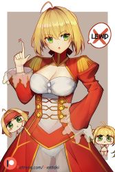 Rule 34 | 10s, 3girls, :&gt;, ahoge, bikini, blonde hair, blush stickers, breasts, brown background, chibi, cleavage, closed mouth, commentary, criss-cross halter, dress, epaulettes, fate/extra, fate/grand order, fate (series), finger wagging, green eyes, gym shirt, hair between eyes, hair intakes, hairband, halterneck, hand up, head tilt, hentaki, highres, index finger raised, juliet sleeves, large breasts, long hair, long sleeves, multiple girls, navel, nero claudius (fate), nero claudius (fate) (all), nero claudius (fate/extra), nero claudius (olympian bloomers) (fate), nero claudius (swimsuit caster) (fate), official alternate costume, parted lips, puffy sleeves, red dress, red hairband, see-through, shirt, short sleeves, striped bikini, striped clothes, swimsuit, twintails, two-tone background, v-shaped eyebrows, watermark, web address, white background, white shirt