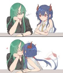 Rule 34 | 2girls, 2koma, :p, anger vein, arknights, arm support, black skirt, blue hair, blue nails, blush, ch&#039;en (arknights), closed eyes, closed mouth, collared shirt, comic, commentary, dragon girl, dragon horns, dragon tail, flirting, full-face blush, green eyes, green hair, hand on another&#039;s arm, hand on own chin, heart, highres, horns, hoshiguma (arknights), imros, kiss, long hair, long sleeves, looking at another, low twintails, motion lines, multiple girls, nail polish, necktie, red eyes, shirt, sidelocks, simple background, skin-covered horns, skirt, sleeveless, sleeveless shirt, smile, symbol-only commentary, tail, tail wagging, teasing, tongue, tongue out, translation request, twintails, upper body, watch, white background, white shirt, wing collar, wristwatch, yellow necktie, yuri
