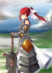 Rule 34 | 1girl, armor, armored dress, bow, breastplate, character request, cloud, cloudy sky, day, dress, faulds, floating hair, from side, gauntlets, goemon1110, hair bow, hands on hilt, highres, long hair, looking down, outdoors, ponytail, red eyes, red hair, sidelocks, sky, sleeveless, sleeveless dress, solo, standing, white bow, white dress