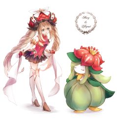 Rule 34 | 1girl, black skirt, blue eyes, boots, byuura (sonofelice), character name, creatures (company), crossover, fate/grand order, fate (series), frilled hat, frills, game freak, gen 5 pokemon, gloves, hat, holding, holding ribbon, knee boots, large hat, lilligant, long hair, marie antoinette (fate), nintendo, pokemon, pokemon (creature), red gloves, red headwear, ribbon, silver hair, skirt, twintails, very long hair, white background, white footwear, white ribbon