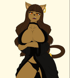 Rule 34 | 1girl, animal ears, annoyed, bodysuit, breasts, brown hair, claws, cleavage cutout, clothing cutout, crossed arms, dog ears, dog girl, dog tail, ecaflip, egyptian clothes, fang, female focus, fur, furry, furry female, gold, highres, jewelry, large breasts, lingerie, long hair, looking at viewer, looking down, midriff, monster girl, navel, orange eyes, ornament, solo, tail, teasing, underwear, wakfu
