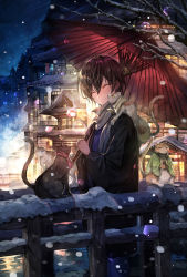 Rule 34 | 1boy, ^ ^, animal, animal on shoulder, black hair, building, cat, closed eyes, closed mouth, cup, closed eyes, feet out of frame, hair between eyes, holding, holding cup, holding umbrella, japanese clothes, kimono, long sleeves, looking at another, male focus, mura karuki, night, oil-paper umbrella, original, outdoors, over shoulder, railing, red umbrella, scarf, short hair, sidelocks, smile, snow, snowing, standing, umbrella, wide sleeves