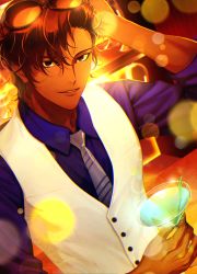 Rule 34 | 1boy, absurdres, alternate costume, alternate hairstyle, arjuna (fate), arjuna (formal dress) (fate), arm behind head, bad id, bad twitter id, blue shirt, cocktail glass, collared shirt, cup, drinking glass, eyewear on head, fate/grand order, fate (series), highres, holding, holding cup, looking at viewer, male focus, necktie, puopuopopo, shirt, vest