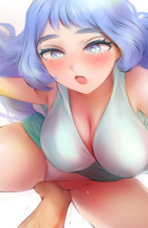 Rule 34 | 1girl, blue eyes, blue hair, blush, boku no hero academia, breasts, clothes lift, clothing aside, commentary, english commentary, fingering, green skirt, hadou nejire, highres, large breasts, long hair, open mouth, panties, panties aside, pussy juice, shirt, shpo, simple background, skirt, skirt lift, sleeveless, sleeveless shirt, solo focus, spread legs, underwear, very long hair, white background, white panties, white shirt