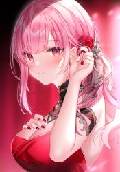 Rule 34 | 1girl, blush, breasts, commentary, detached collar, dress, earrings, flower, hair flower, hair ornament, hand on own chest, hands up, highres, hololive, hololive english, jewelry, large breasts, long hair, looking at viewer, mori calliope, mori calliope (party dress), nail polish, official alternate costume, parted lips, pink hair, red eyes, red flower, red nails, red rose, rose, shouu-kun, sideways glance, solo, strapless, strapless dress, symbol-only commentary, upper body, virtual youtuber