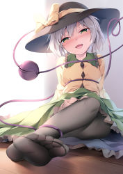 Rule 34 | 1girl, black hat, black pantyhose, blush, bow, breasts, chen bin, chinese text, commentary request, feet, full body, green eyes, green skirt, hat, hat bow, head tilt, heart, heart-shaped pupils, highres, indoors, komeiji koishi, long hair, no shoes, open mouth, pantyhose, shirt, silver hair, sitting, skirt, small breasts, smile, soles, solo, symbol-shaped pupils, third eye, toes, touhou, yellow bow, yellow shirt