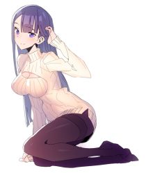 Rule 34 | 1girl, bad id, bad twitter id, breasts, character request, cleavage, cleavage cutout, clothing cutout, copyright request, kanjy00u, large breasts, meme attire, open-chest sweater, pantyhose, purple eyes, purple hair, solo, sweater