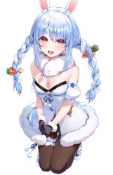 Rule 34 | 1girl, animal ear fluff, animal ears, bad id, bad twitter id, black gloves, blue hair, bow, braid, breasts, brown pantyhose, carrot, cleavage, detached sleeves, don-chan (usada pekora), drawstring, dress, food in pocket, food on hair, full body, fur-trimmed dress, fur-trimmed gloves, fur trim, gloves, hair bow, hakuishi aoi, highres, hololive, kneeling, leotard, leotard under clothes, looking at viewer, multicolored hair, open mouth, orange eyes, own hands together, pantyhose, pom pom (clothes), rabbit ears, ribbon-trimmed garter, sidelocks, simple background, small breasts, solo, strapless, strapless dress, thick eyebrows, thigh gap, twin braids, twintails, two-tone hair, usada pekora, usada pekora (1st costume), virtual youtuber, white background, white bow, white dress, white footwear, white hair
