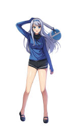 Rule 34 | 1girl, absurdres, bad id, bad pixiv id, bag, bare legs, black footwear, black shorts, blue hairband, blue jacket, fingerless gloves, floating hair, gloves, grey hair, gwinggwing, hair intakes, hairband, highres, holding, holding bag, jacket, long hair, long sleeves, looking at viewer, original, shiny skin, short shorts, shorts, simple background, solo, standing, very long hair, white background