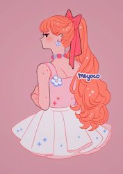 Rule 34 | 1girl, artist name, bad id, bad twitter id, black eyes, blossom (ppg), bow, choker, commentary, cropped torso, ear piercing, earrings, english commentary, flower, freckles, from behind, hair bow, jewelry, long hair, looking at viewer, looking back, meyoco, orange hair, piercing, pink bow, pink flower, pink tank top, pleated skirt, ponytail, powerpuff girls, profile, purple background, simple background, skirt, solo, sparkle, tank top, very long hair, white flower, white skirt