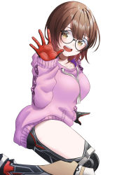 Rule 34 | 1girl, aboreen, android, black-framed eyewear, blush, breasts, brown hair, commentary, glasses, highres, hololive, hood, hoodie, looking at viewer, mechanical arms, mechanical legs, medium breasts, open mouth, pink hoodie, roboco-san, roboco-san (hoodie), round eyewear, short hair, simple background, smile, solo, teardrop-framed glasses, thighs, virtual youtuber, waving, white background, yellow eyes