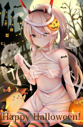 Rule 34 | 1girl, animal, ayanami (azur lane), azur lane, bandages, bare tree, bat (animal), bird, black hairband, black hat, blurry, blurry background, breasts, brown eyes, candy, candy wrapper, castle, chick, closed mouth, collarbone, demon horns, depth of field, endsmall min, fake horns, fingernails, food, full moon, ghost, hair between eyes, hair ornament, hairband, halloween, halloween bucket, hand up, happy halloween, hat, headgear, high ponytail, highres, horns, jack-o&#039;-lantern, jack-o&#039;-lantern hair ornament, light brown hair, lollipop, long hair, medium breasts, moon, naked bandage, navel, night, night sky, outdoors, ponytail, sitting, sky, smile, solo, sparkle, striped clothes, striped legwear, striped thighhighs, thighhighs, tower, tree, very long hair, witch hat