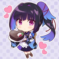 Rule 34 | 1girl, apron, black hair, black skirt, blue hair, blush, boots, brown footwear, chibi, closed mouth, cross-laced footwear, food, frilled apron, frills, full body, hair intakes, heart, holding, holding plate, japanese clothes, karasuba (prima doll), kimono, lace-up boots, long hair, long sleeves, looking at viewer, maid, multicolored hair, nakamura hinato, outline, plate, pleated skirt, prima doll, purple background, purple eyes, purple hair, purple kimono, sidelocks, skirt, solo, two-tone hair, very long hair, wa maid, waitress, white apron, white outline, wide sleeves, yagasuri