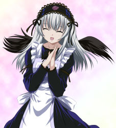 Rule 34 | 00s, 1girl, apron, closed eyes, happy, long hair, maid apron, rozen maiden, silver hair, solo, suigintou, wings