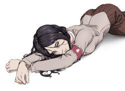 Rule 34 | 1girl, absurdres, armband, ashe redd (artist), bags under eyes, black hair, blazer, breasts, brown jacket, brown skirt, commentary, crossed arms, english commentary, highres, jacket, long hair, lying, medium breasts, military, on stomach, pieck finger, purple eyes, shingeki no kyojin, skirt, smile, solo