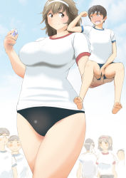 Rule 34 | 2girls, 4boys, blush, breasts, buruma, carrying, curvy, giant, giantess, gym uniform, large breasts, multiple boys, multiple girls, original, panah, size difference, smile, tall, thighs