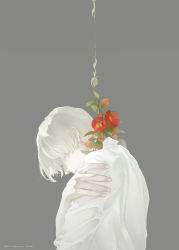 Rule 34 | 1boy, blouse, camellia, collared shirt, eyelashes, closed eyes, flower, from side, grey background, leaf, male focus, original, pale skin, re degrees (red flagship), shirt, simple background, solo, standing, watermark, web address, white hair, white shirt