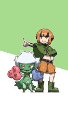 belt black_belt black_hair black_shirt blacknirrow closed_mouth commentary creatures_(company) english_commentary game_freak gardenia_(pokemon) gen_4_pokemon green_background green_poncho half-closed_eyes hand_on_own_hip highres long_sleeves multicolored_hair nintendo orange_boots orange_eyes orange_hair orange_shorts pointing pokemon pokemon_(creature) pokemon_dppt roserade shirt short_hair shorts sidelocks simple_background smile standing two-tone_background two-tone_hair white_background