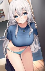Rule 34 | 1girl, blue eyes, blue panties, blue shirt, breasts, crop top, grin, highres, jewelry, large breasts, leaning forward, long hair, looking at viewer, mole, mole on thigh, navel, necklace, no pants, original, panties, ry thae, sanyu (ry thae), shirt, short sleeves, smile, solo, standing, stomach, t-shirt, thighs, underwear, very long hair, white hair