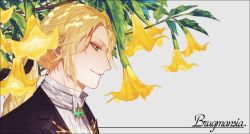 Rule 34 | 1boy, ascot, blonde hair, brugmansia, fate/grand order, fate (series), flower, green eyes, long hair, male focus, ponytail, profile, sindri, solo, wolfgang amadeus mozart (fate)