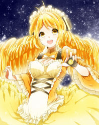 Rule 34 | 1girl, :d, blonde hair, breasts, cleavage cutout, clothing cutout, dress, drill hair, frills, hagioka (rerorero28), highres, light particles, long hair, open mouth, sky, smile, solo, star (sky), starry sky, very long hair, vividred operation, vividyellow, yellow eyes, yellow theme