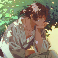 Rule 34 | 1boy, arknights, bandage on face, bandaged arm, bandages, brown hair, bush, cigarette, commentary, dappled sunlight, dark-skinned male, dark skin, english commentary, hand on own chin, head rest, highres, holding, holding cigarette, japanese clothes, jewelry, kimono, male focus, manjyufroth, necklace, outdoors, ponytail, short ponytail, sitting, smoke, smoking, solo, sunlight, thorns (arknights), upper body, yellow eyes, yukata