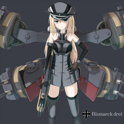 Rule 34 | 10s, 1girl, anchor, bare shoulders, bismarck (kancolle), blonde hair, blue eyes, blush, brown gloves, character name, detached sleeves, dress, gloves, grey background, grey dress, grey thighhighs, hand on own hip, hat, kantai collection, light smile, long hair, looking at viewer, machinery, military, military hat, military uniform, peaked cap, simple background, solo, thighhighs, uniform, yakob labo, zettai ryouiki