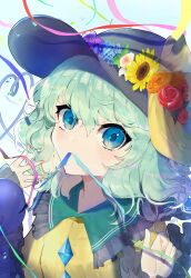 Rule 34 | 1girl, aqua eyes, black hat, blue ribbon, bow, breasts, buttons, collar, commentary, confetti, diamond button, expressionless, eyelashes, fingernails, flower, frilled collar, frilled sleeves, frills, green hair, green sailor collar, hair between eyes, hands up, hat, hat bow, hat flower, head tilt, head wreath, heart, heart of string, highres, komeiji koishi, leaf, light blush, looking at viewer, medium hair, mouth hold, orange flower, orange rose, red flower, red rose, ribbon, ribbon in mouth, rose, sailor collar, shirt, sleeves past wrists, small breasts, solo, sunflower, third eye, touhou, tsukikusa, upper body, wavy hair, white flower, white rose, wind, yellow bow, yellow shirt