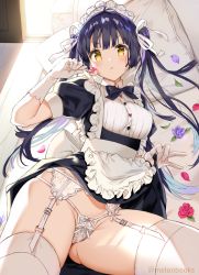 Rule 34 | 1girl, apron, black dress, bow, bowtie, breasts, candy, closed mouth, commentary request, dress, flower, food, garter belt, gloves, gluteal fold, harunoibuki, holding, holding candy, holding food, holding lollipop, lollipop, long hair, looking at viewer, lying, maid, maid apron, maid headdress, on back, original, panties, petals, pillow, pout, puffy short sleeves, puffy sleeves, purple hair, rose, short sleeves, small breasts, solo, string panties, thighhighs, twintails, underwear, v-shaped eyebrows, waist apron, white gloves, white panties, white thighhighs, wing collar, yellow eyes